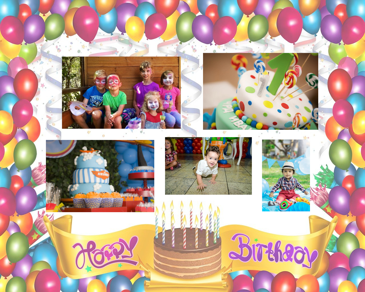 La imagen muestra un mural de recuerdos con imágenes de fiestas de cumpleaños y un fondo de globos de colores