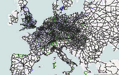 Mapa de los ferrocarriles en Europa con las principales líneas