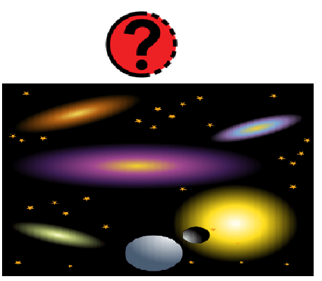 Un signo de interrogación y debajo se puede ver el cielo con planetas y estrellas.