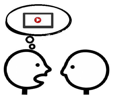 Una persona hablando con otra. Sobre la primera persona hay un bocadillo de conversación con la imagen  de un vídeo dentro.