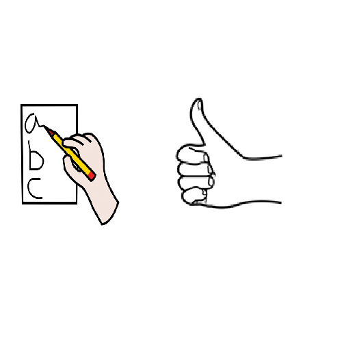 A la izquierda una mano con un lápiz escribiendo y a la derecha una mano con el pulgar hacia arriba