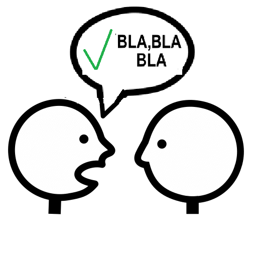 Dos personas hablando. La primera tiene un bocadillo de diálogo sobre su cabeza donde hay un tic verde  al lado de unas letras donde se puede leer “bla” “bla “bla”