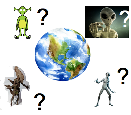 En el centro está el planeta Tierra y alrededor diferentes extraterrestres conuna interrogación al lado de cada uno.