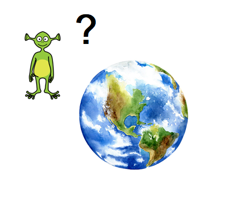El planeta Tierra a la derecha y un extraterrestre a la izquierda con un signo de interrogación al lado