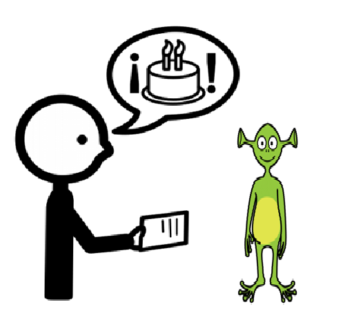 Una persona le entrega un sobre a un extraterrestre. Sobre la cabeza de la persona hay un bocadillo de conversación con una tarta dentro