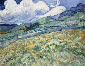 Pintura  en la que se ve un paisaje campestre con montañas y nubes