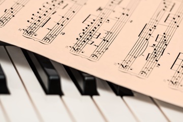 Partitura de música sobre un teclado de piano.