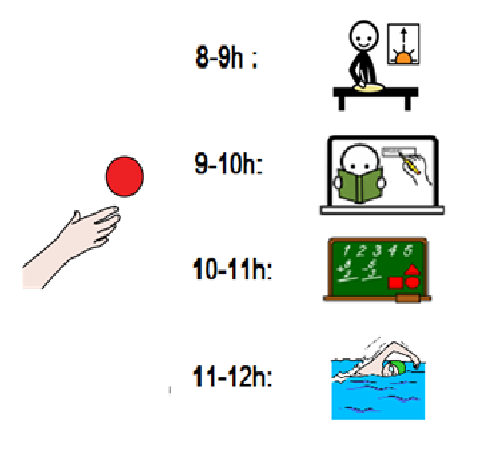 A la izquierda hay una mano intentando alcanzar un objeto. A la derecha un horario con diferentes actividades en cada hora