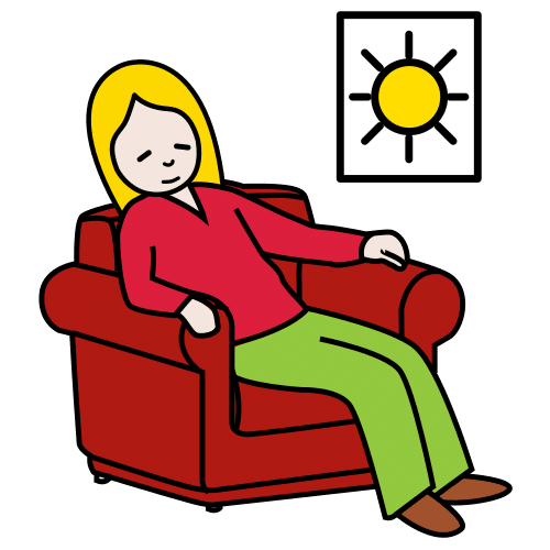 Pictograma de una mujer dormida en un sofá con el sol de fondo