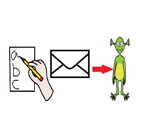 A la izquierda una mano con un lápiz escribiendo, en el centro un sobre cerrado y a la derecha un extraterrestre.