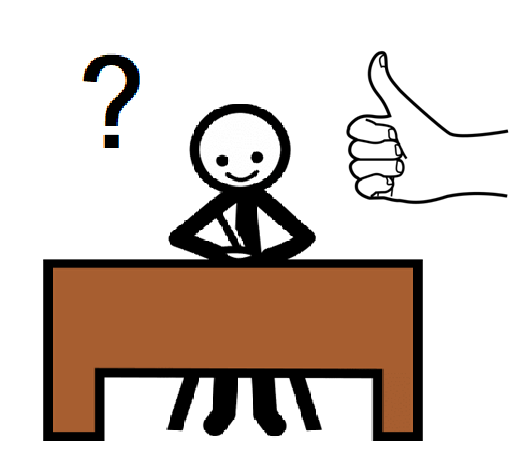 Una persona sentada en una silla delante de una mesa trabajando. A su derecha una mano con el pulgar hacia arriba y a su izquierda un signo de interrogación