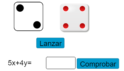Muestra un en un dado negro y un cuatro en un dado rojo y la expresión algebraica 5x+4y