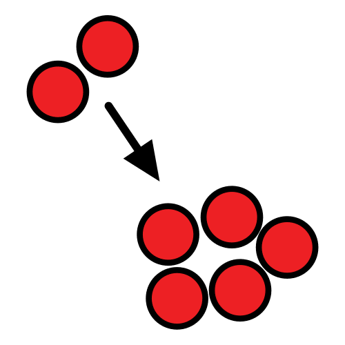La imagen muestra un pictograma que indica añadir con dos bolas rojas que apuntan con una flecha a un grupo mayor de bolas rojas