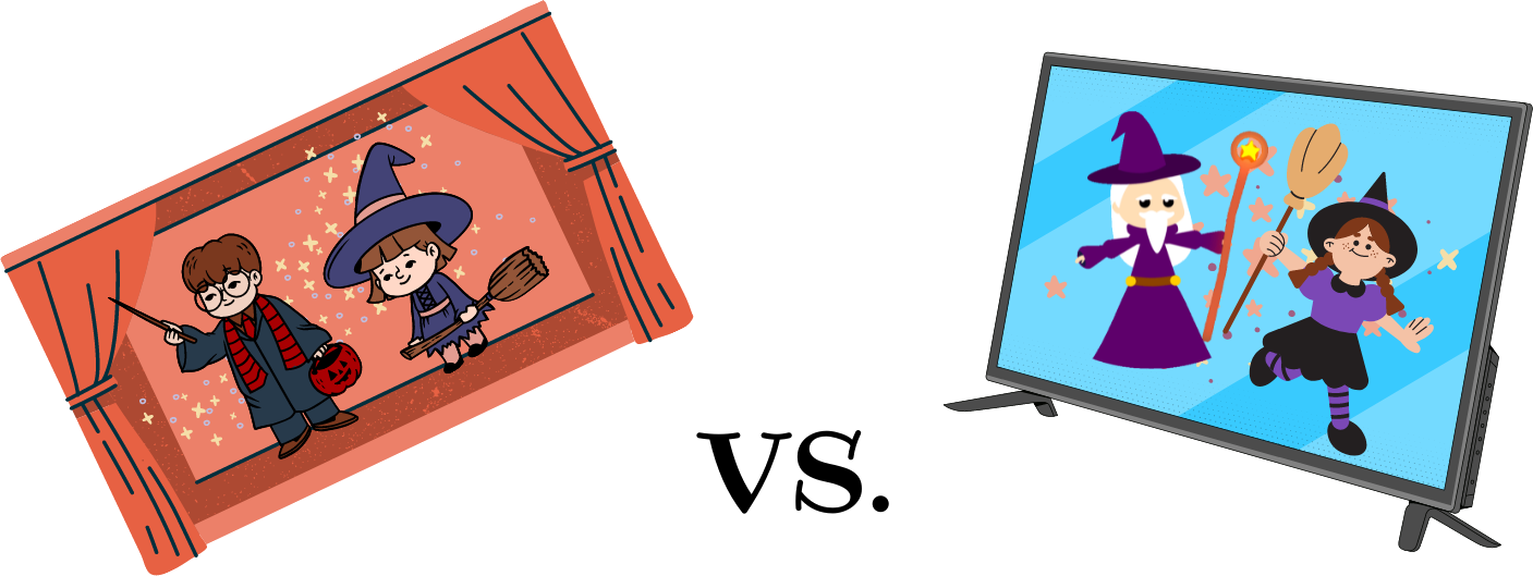 Imagen que enfrenta una representación teatral de magia vs una que aparece en una pantalla