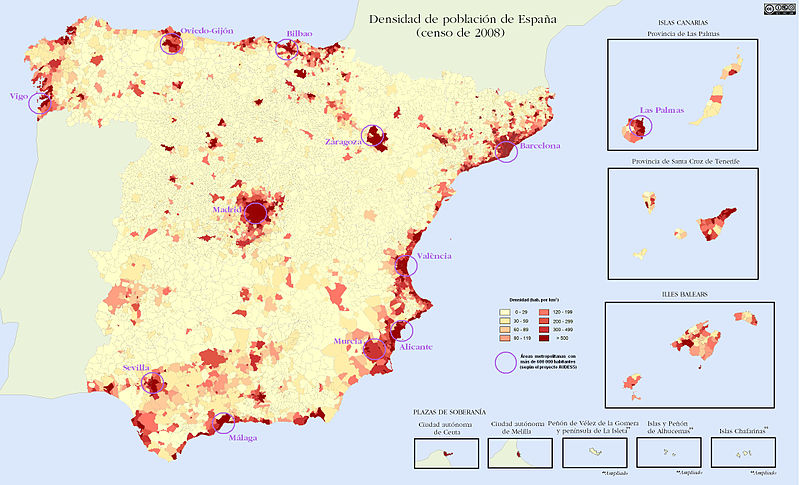 Densidad de población en España por municipios en 2008