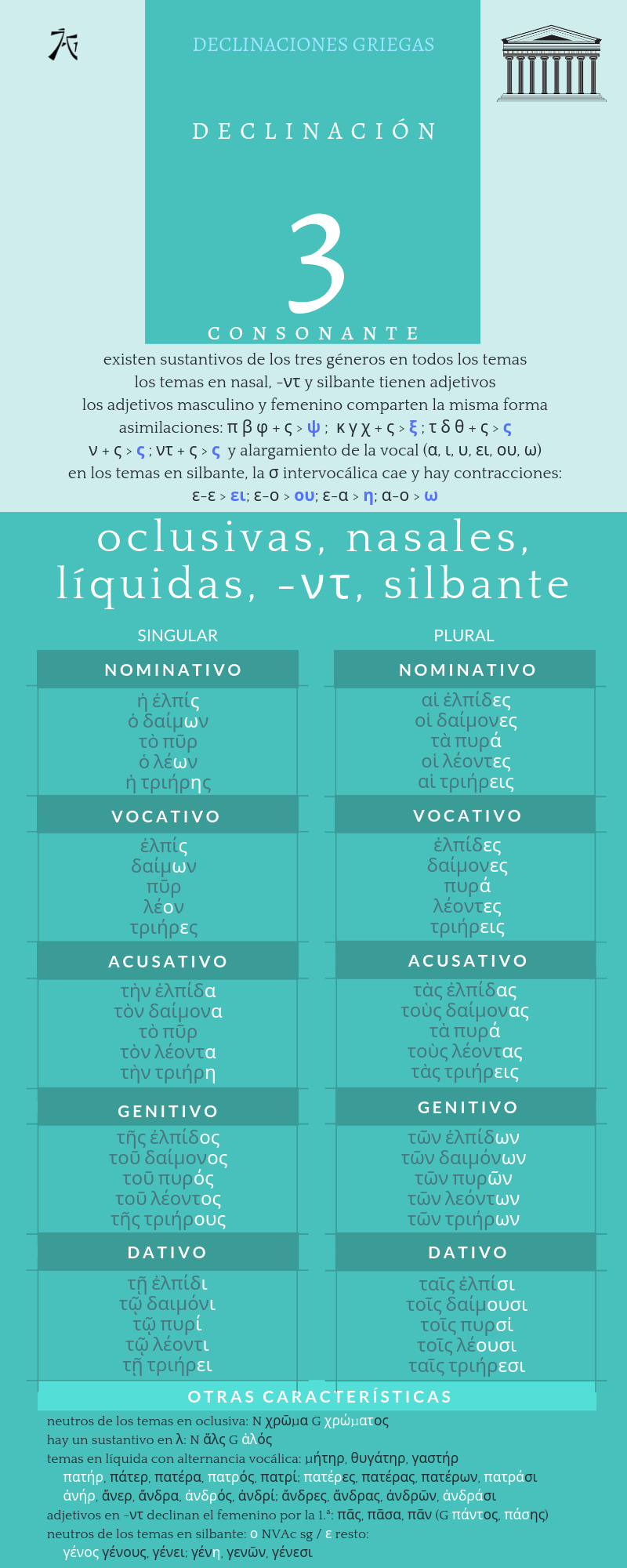paradigmas y características de la 3.ª declinación, temas en consonante
