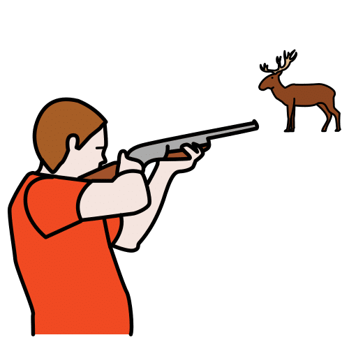 Una persona apunta con una escopeta a un ciervo para cazarlo.