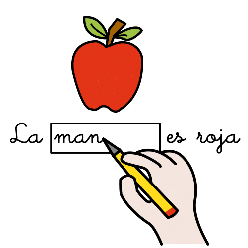 La imagen muestra una mano completando una palabra en un cuadro, y encima, una manzana.