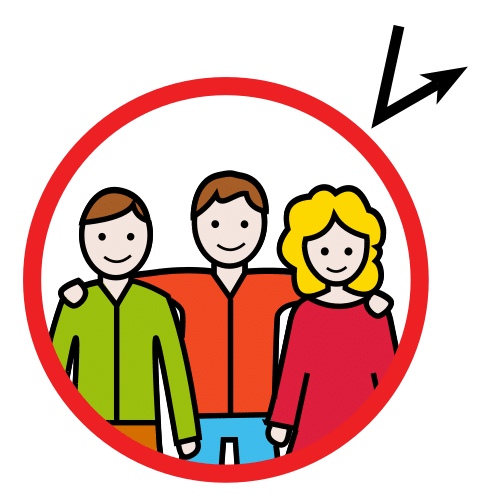Tres niños abrazados dentro de un círculo rojo.
