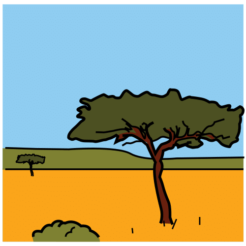 Dibujo de un paisaje con árboles sobre un campo y el cielo azul. 