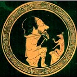 Tondo de copa ática de figuras rojas que representa a Esopo con una zorra