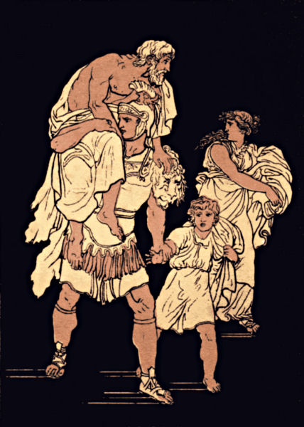Eneas huye de Troya llevando a su padre y acompañado de su hijo y esposa