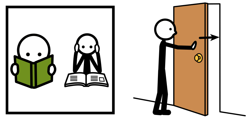 Imagen que muestra conjunto de pictogramas sala de estudio y cerrar puerta