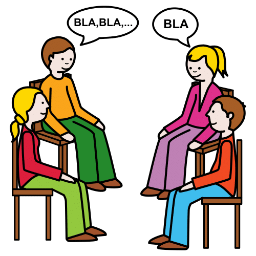 Pictograma de grupo de niños hablando y respetando el turno de palabra. Normas o reglas de juego o conversar.