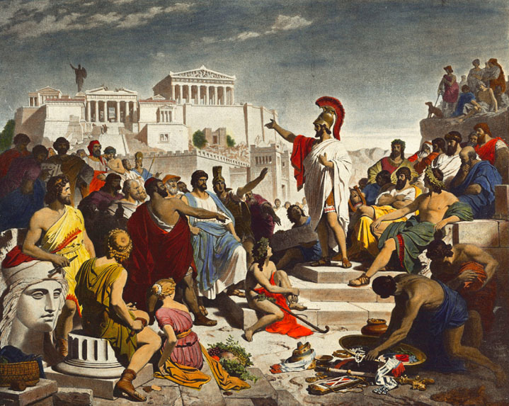 Pericles se dirige a la Asamblea de los atenienses al pie de la Acrópolis