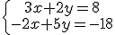\left\{\begin{matrix} 3x+2y=8\\ -2x+5y=-18\end{matrix}\right.