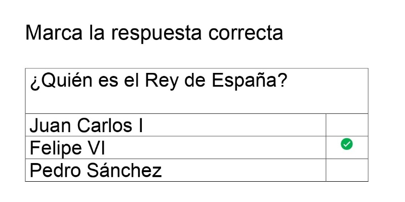 Marca la respuesta correcta. ¿Quién es el Rey de España? Juan Carlos I, Felipe VI tick verde, Pedro Sánchez.