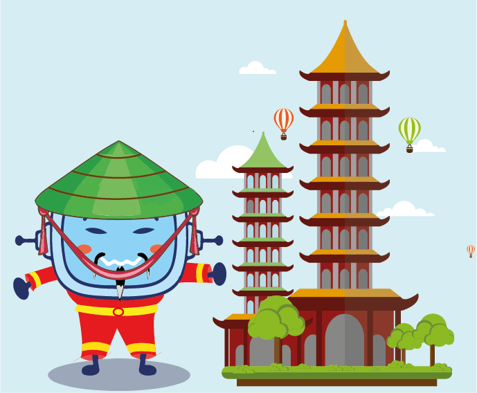 lustración que muestra a Retor con traje chino y edificio típico del país.