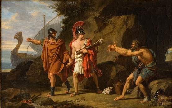 Ulises y Neoptolemo quitando a Filoctetes su arco y las flechas
