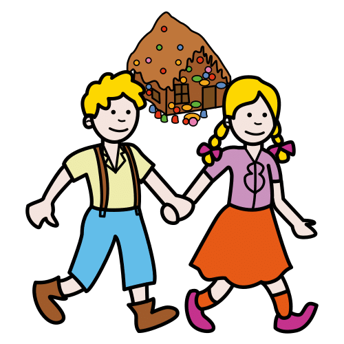 Imagen donde se ven a dos niños de la mano y al fondo una casita de chocolate. 