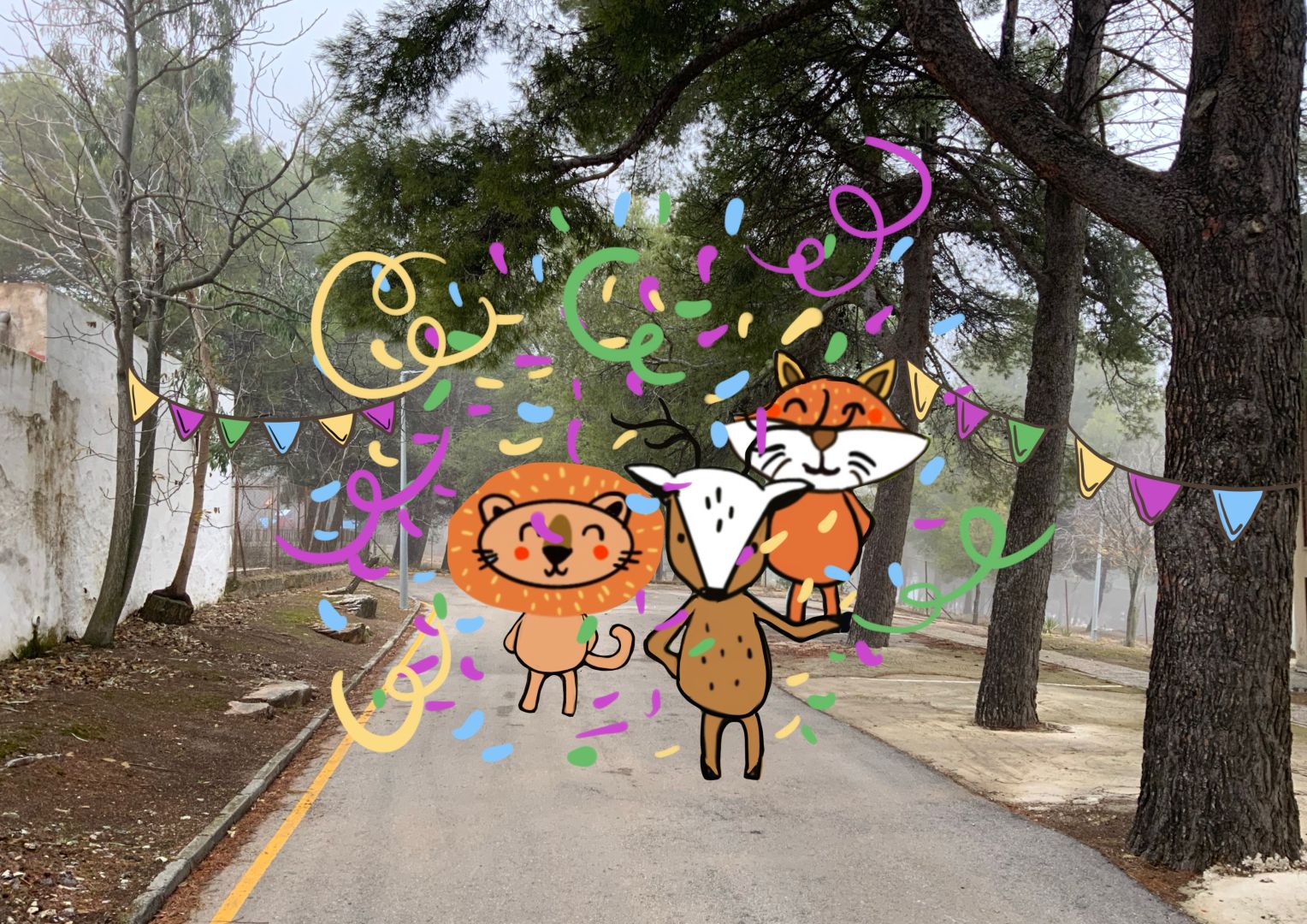 Todos los animales están en el centro del camino celebrando una fiesta con papelillos y banderines de colores.