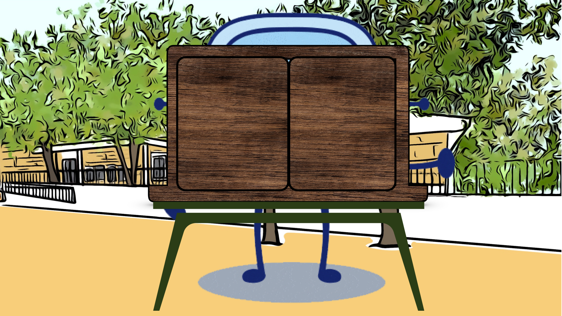 Aparece un butai de madera sobre una mesa verde.. Tiene dos puertas pero está cerrado. Detrás de él está Rétor. Se encuentra en el patio de un colegio rodeado de árboles.