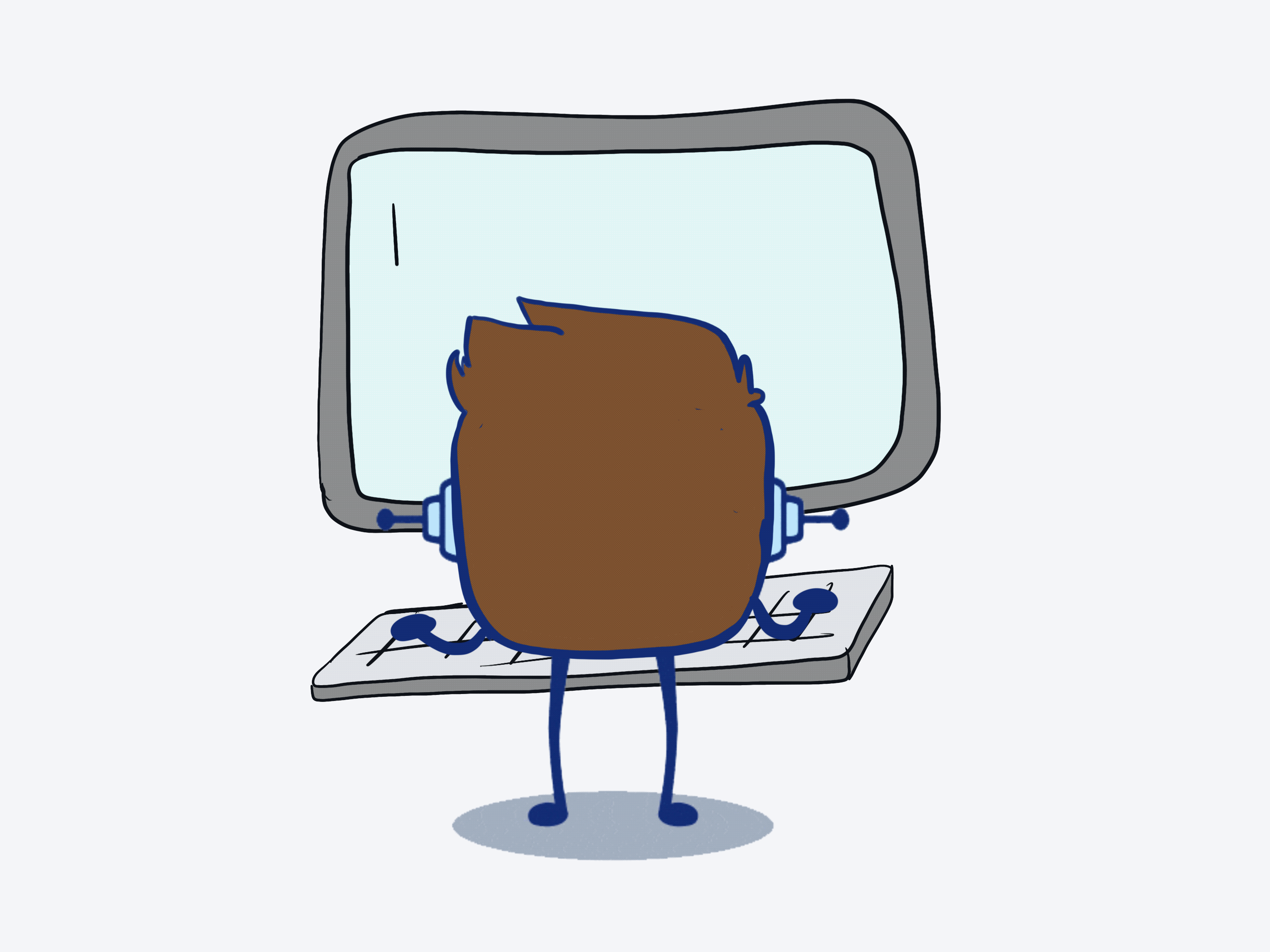 Rétor de espalda disfrazado de reportero tecleando en un ordenador