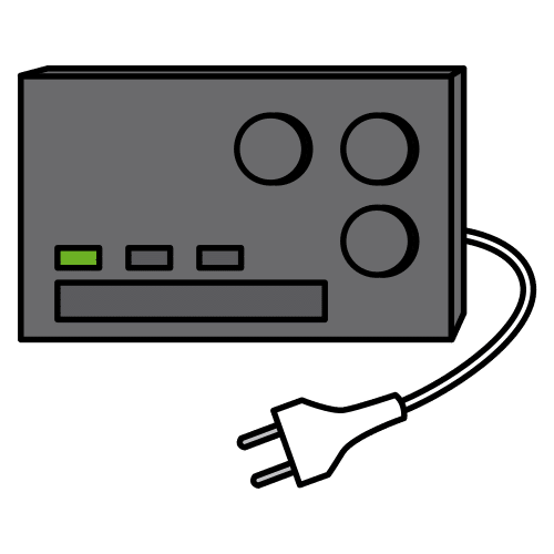 Imagen donde aparece un objeto en color gris oscuro. En la esquina superior derecha tiene tres botones circulares y en la parte izquierda, abajo, tres botones rectangulares, uno de los cuales se encuentra en color verde. Del objeto sale un cable de corriente blanco terminado en un enchufe.