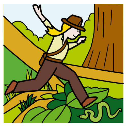 Imagen donde aparece una persona vestida de exploradora saltando por la selva sobre una serpiente.