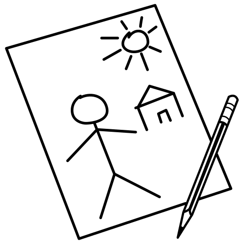 Imagen donde se ve un folio con un dibujo de una persona y una casita y un lápiz.