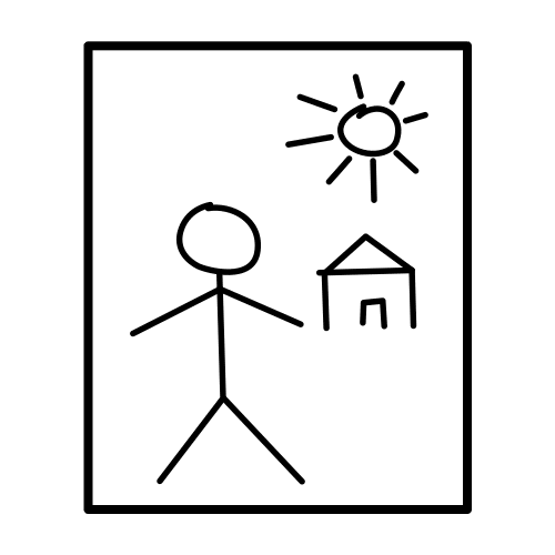 Imagen donde aparece una hoja de papel con un dibujo de una persona delante de una casa. 