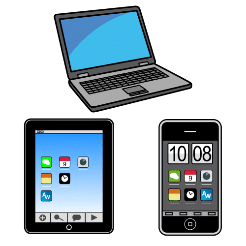 Dibujo que representa un ordenador portátil, una tablet y un teléfono móvil tachados.