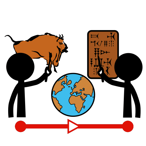 Imagen que muestra a dos personas representando dibujos y jeroglíficos en una pared. En la parte inferior hay una flecha de izquierda a derecha en medio de la cual se encuentra una representación del planeta Tierra.