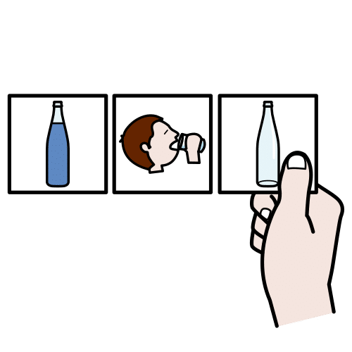 Secuencia de tres imágenes: en la primera se ve una botella llena de agua, en la segunda un niño bebiendo de la botella y en la tercera la botella vacía y una mano que sujeta esa imagen. 