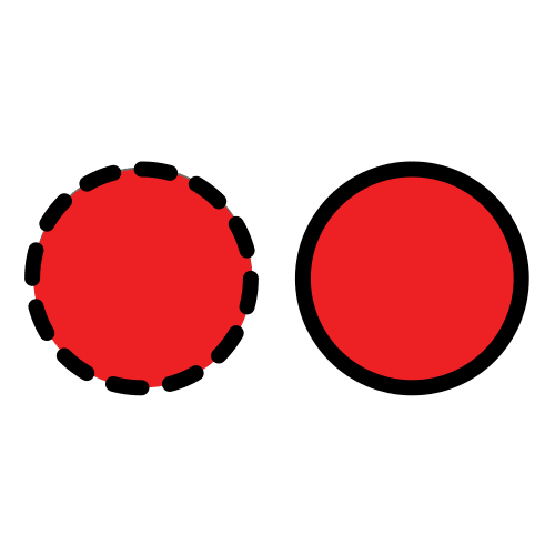 Imagen donde aparecen dos bolas de color rojo una al lado de otra.Una tiene borde negro discontinuo y la otra el borde negro continuo. 