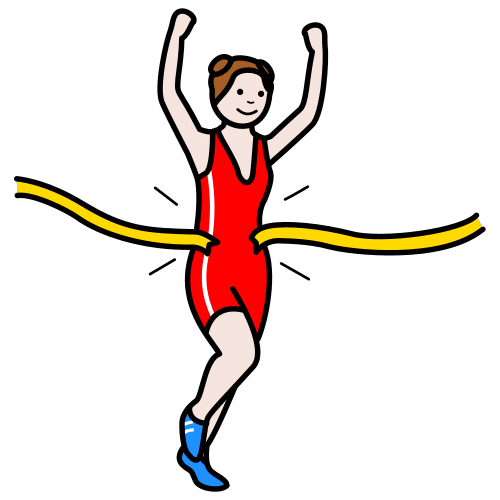 Dibujo que representa a una persona en ropa deportiva que está pasando una línea de meta con los brazos en alto.