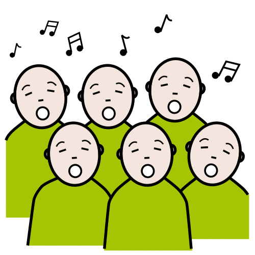 La imagen muestra un grupo de personas cantando.