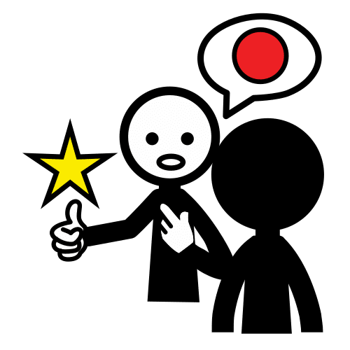La imagen muestra a dos personas, una de ellas de espaldas. La de frente le cuenta algo a la otra con un pulgar hacia arriba, Encima del pulgar se ve una estrella.