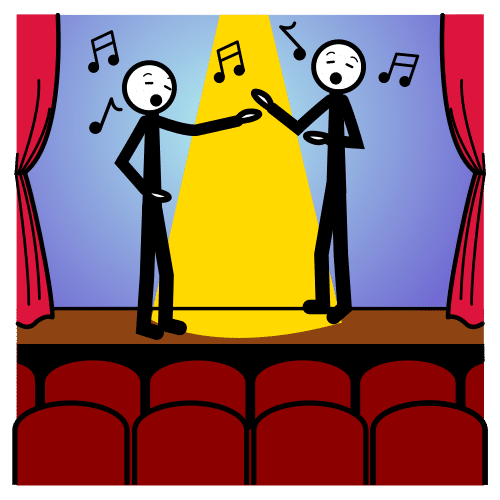La imagen muestra dos personas cantando juntas en un escenario.