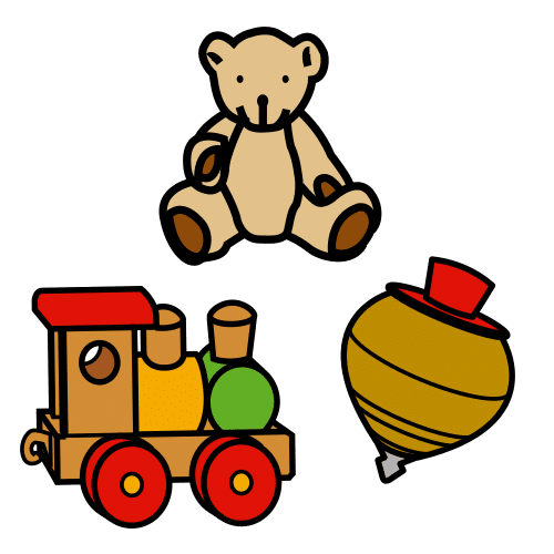 La imagen muestra algunos juguetes: un oso de peluche, un tren de madera y una peonza.